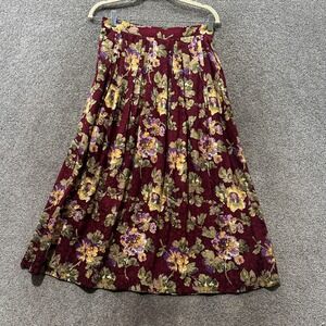 VTG J.G. Hook Pleated Midi Skirt Size 8 100% Silk Dark Floral Burgundy Romantic